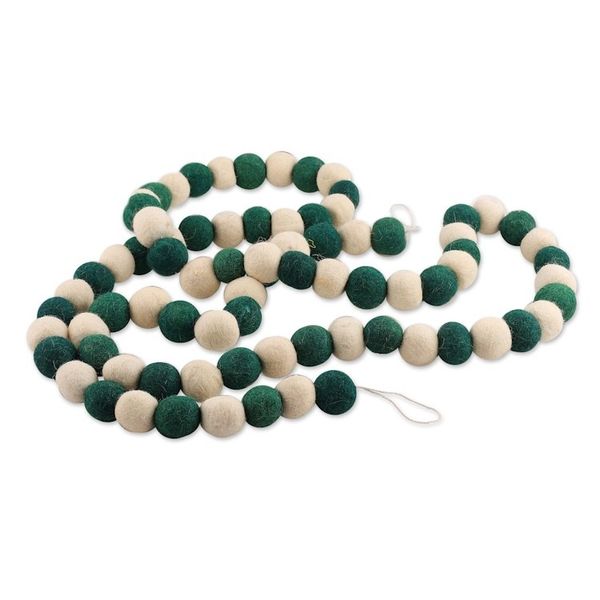 Alternate image for Handcrafted Wool Felt Garland in Green and Ivory Shades Forest Pompoms