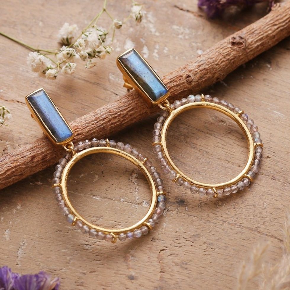 2-Carat Natural Labradorite 18k Gold-Plated Dangle Earrings 'Twilight Nimbus'