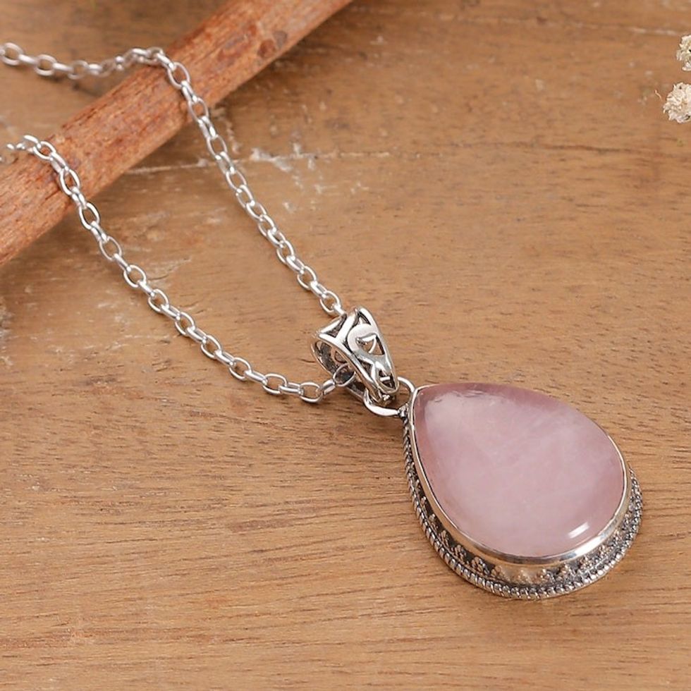 Drop-Shaped Natural Rose Quartz Pendant Necklace from India 'Unconditional Drop'