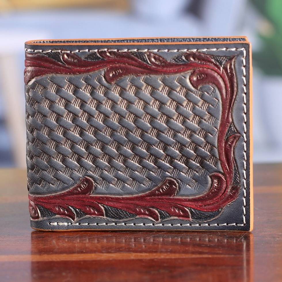 Embossed Blue and Burgundy 100 Leather Wallet from India 'Braided Wealth'