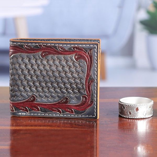 Alternate image for Embossed Blue and Burgundy 100 Leather Wallet from India Braided Wealth