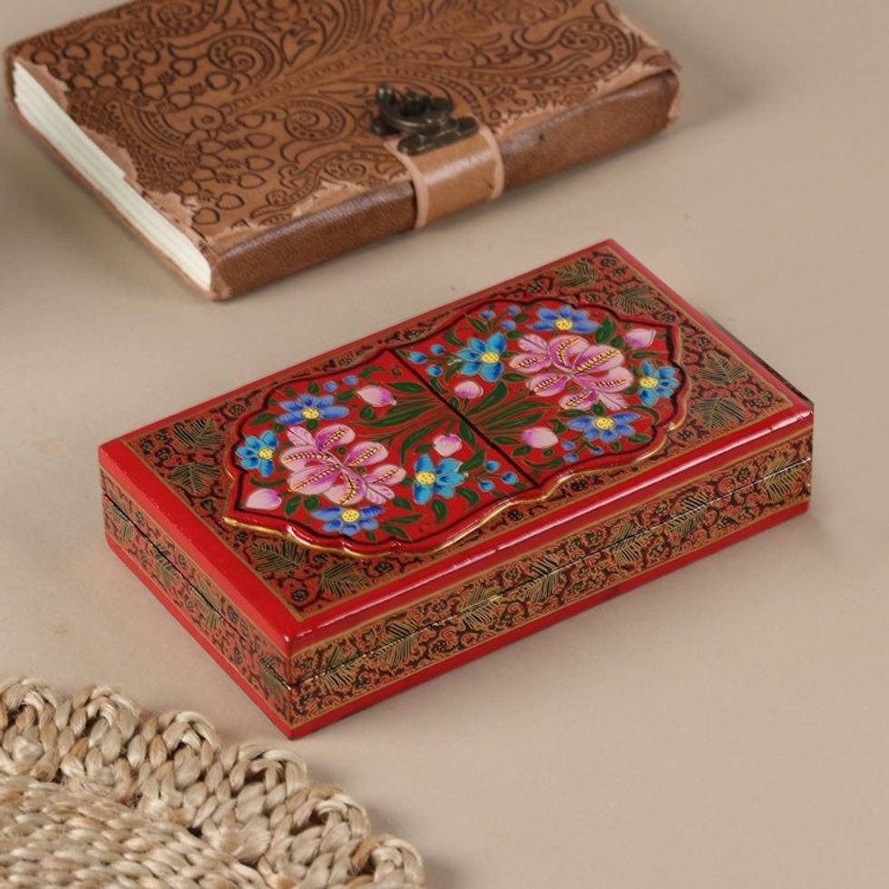 Red Hand-Painted Papier Mache Wood Floral Decorative Box 'Kashmir Heritage'