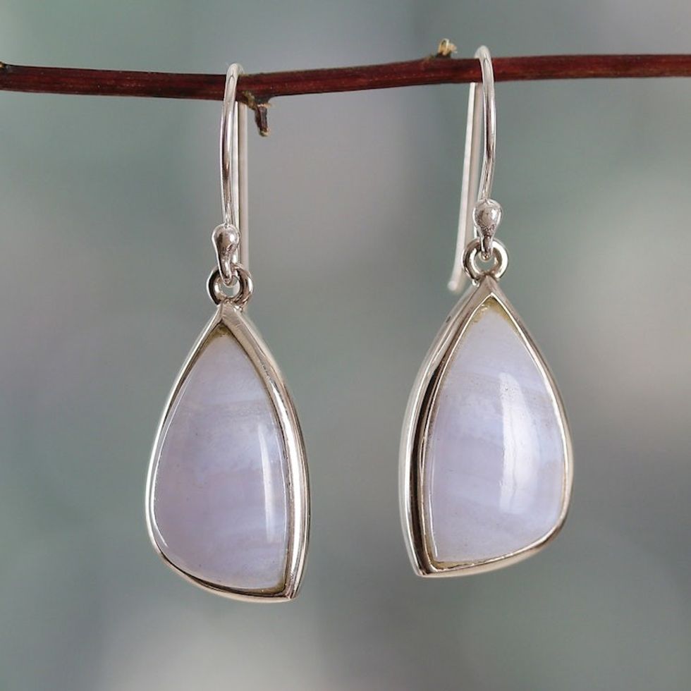 Polished Silver Dangle Earrings with Lace Agate Stones 'Lacy Blue'