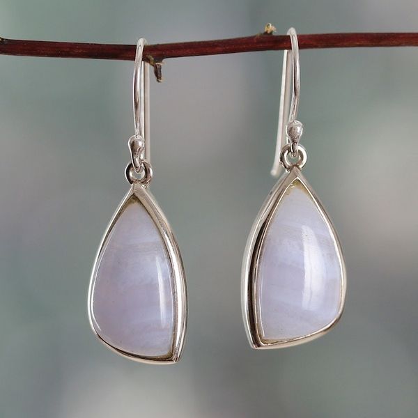 Alternate image for Polished Silver Dangle Earrings with Lace Agate Stones Lacy Blue