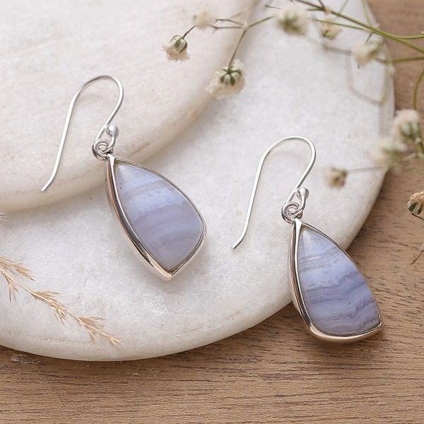 Alternate image for Polished Silver Dangle Earrings with Lace Agate Stones Lacy Blue