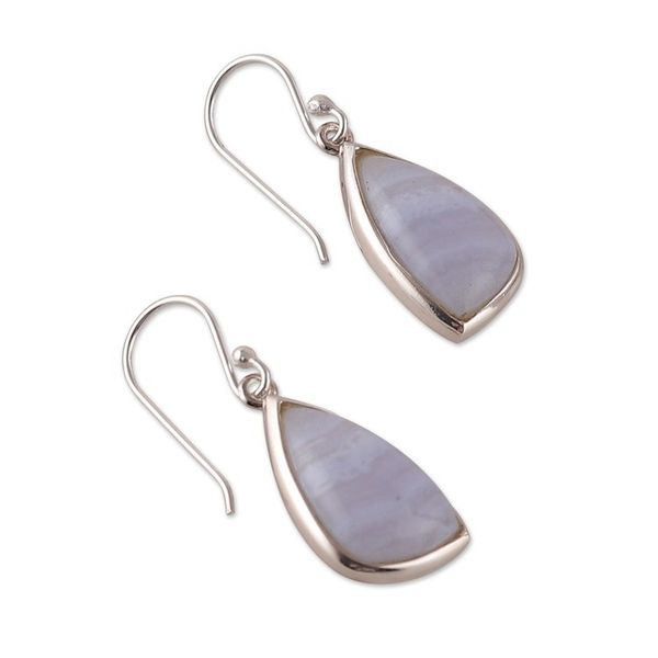 Alternate image for Polished Silver Dangle Earrings with Lace Agate Stones Lacy Blue