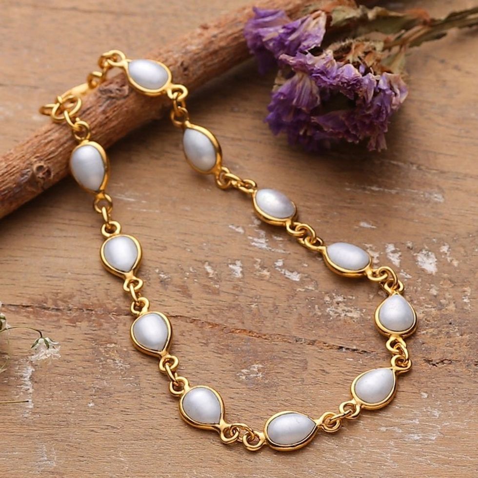 Polished 22k Gold-Plated Cream Cultured Pearl Link Bracelet 'Pearly Morning'