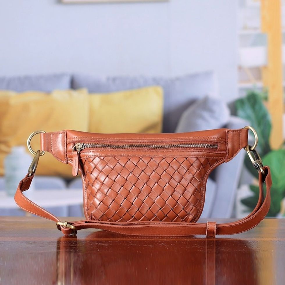 Adjustable Brown Leather Fanny Pack with Criss Cross Pattern 'Brown Trendy Versatility'