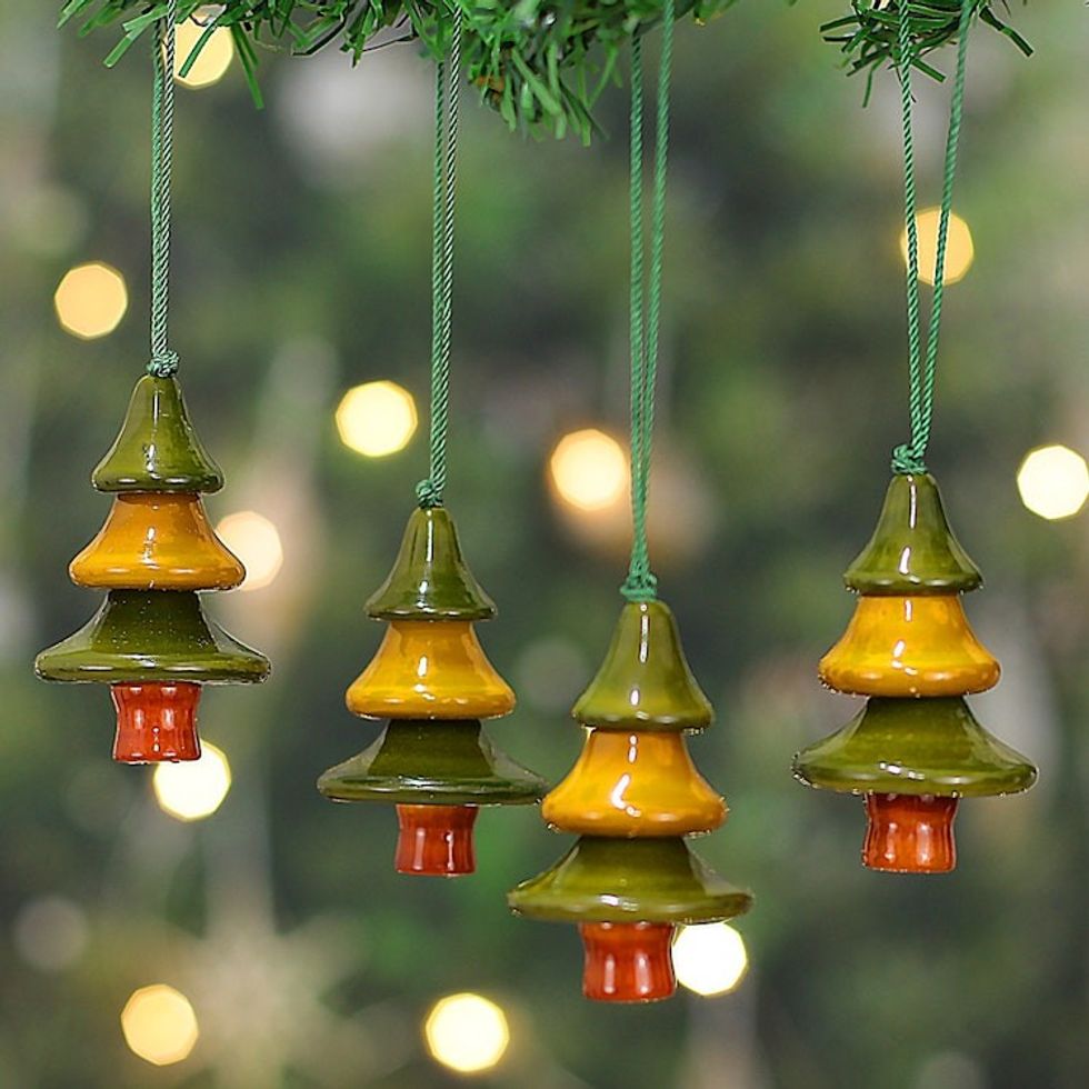 Artisan-Made Set of 4 Wood Channapatna Pine Tree Ornaments 'Festive Pines'