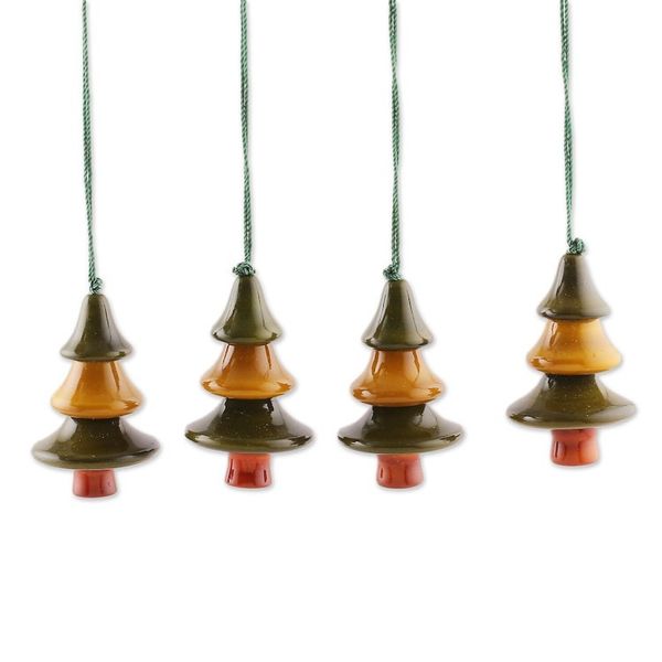Alternate image for Artisan-Made Set of 4 Wood Channapatna Pine Tree Ornaments Festive Pines