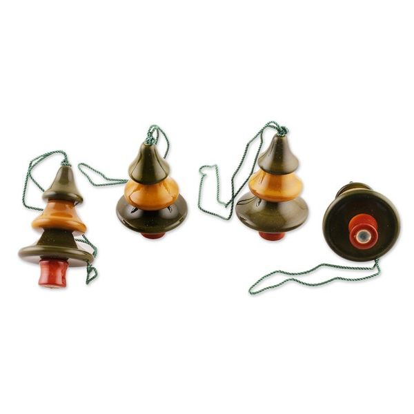 Alternate image for Artisan-Made Set of 4 Wood Channapatna Pine Tree Ornaments Festive Pines