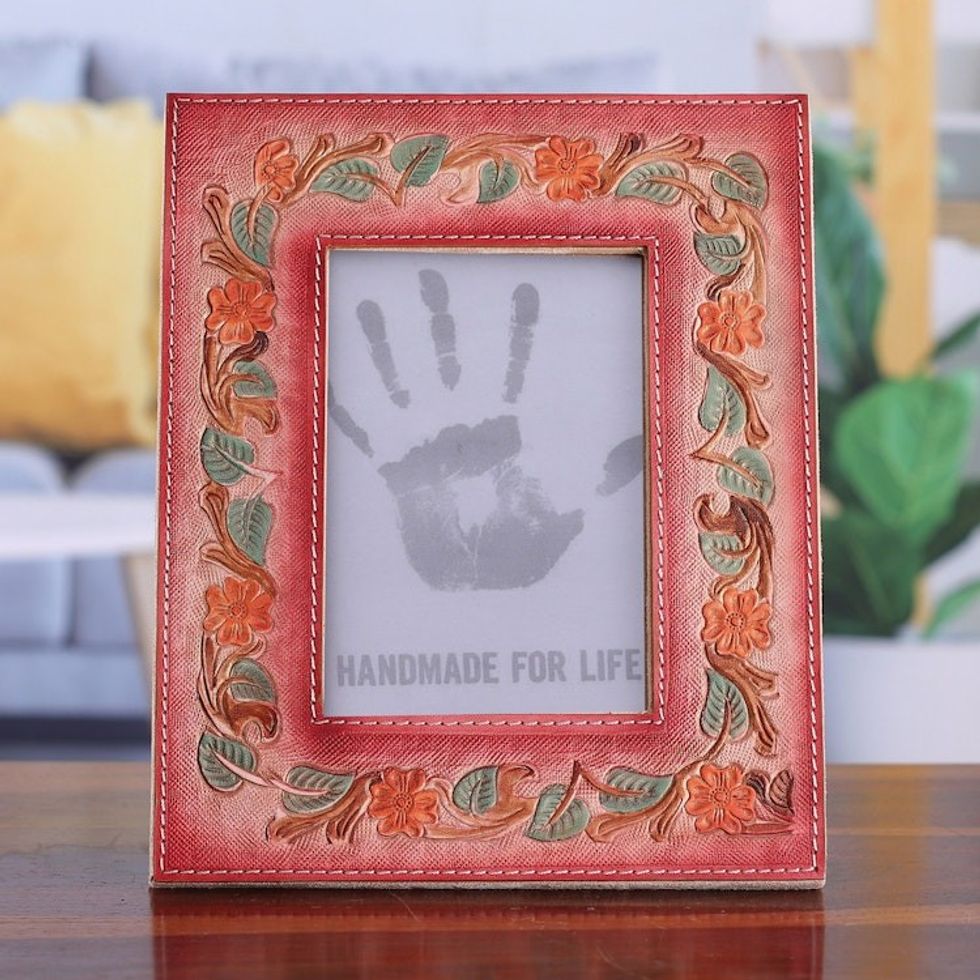 Floral and Leafy Embossed Leather Photo Frame in Warm Hues 'Blossoming Warmth'