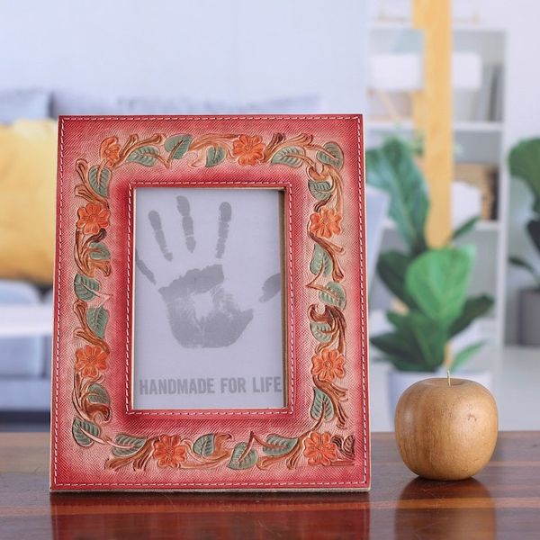 Alternate image for Floral and Leafy Embossed Leather Photo Frame in Warm Hues Blossoming Warmth