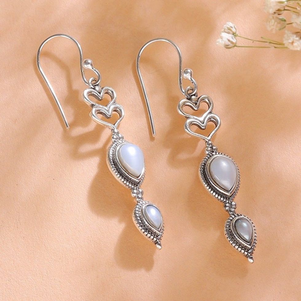 Natural Cream and Grey Cultured Pearl Heart Dangle Earrings 'Pearly Romance'