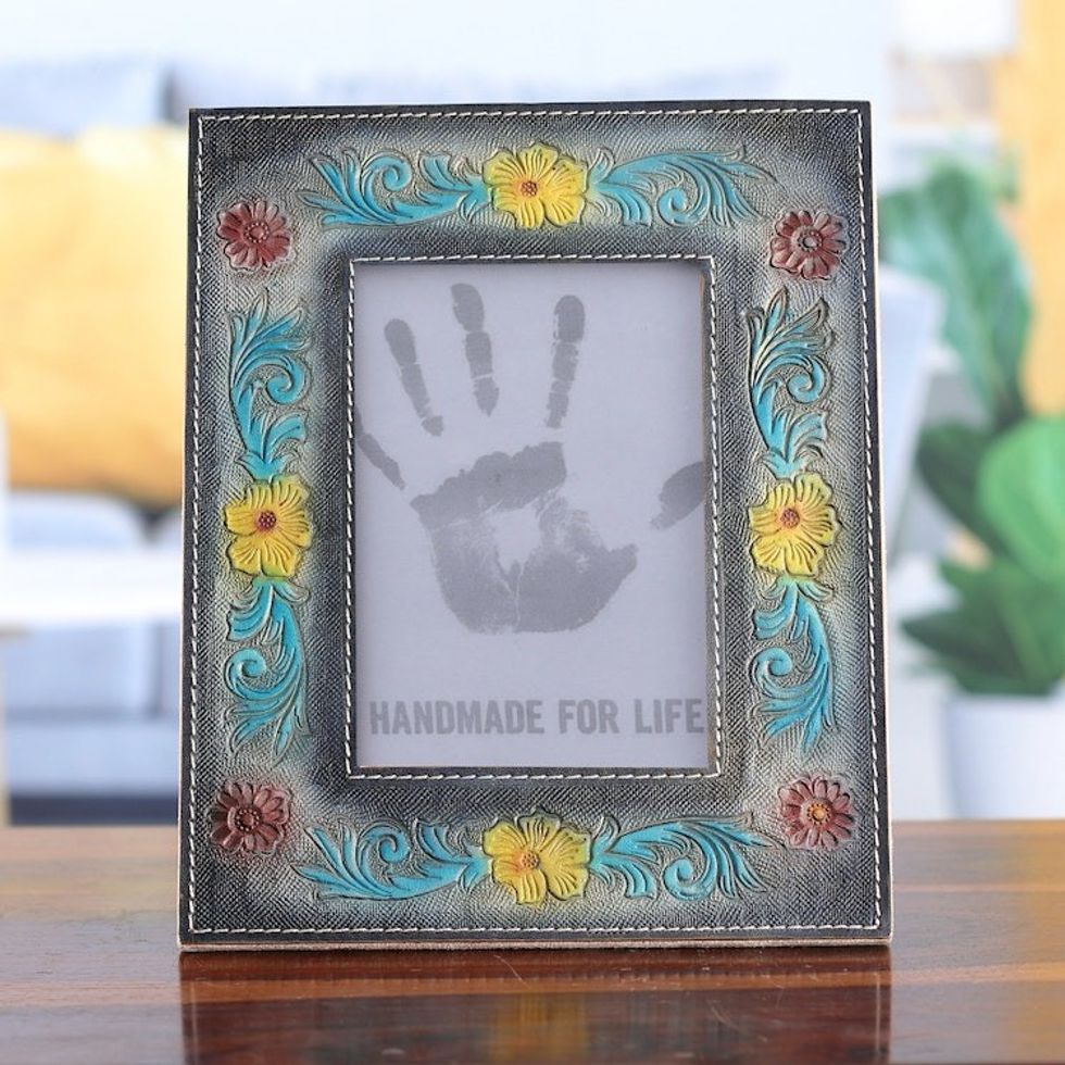 Handcrafted Azure and Turquoise Leather Photo Frame 4x6 'Dream of Spring'
