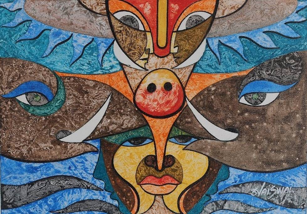 Signed Expressionist Acrylic on Canvas Painting from India 'Cosmic Harmony'