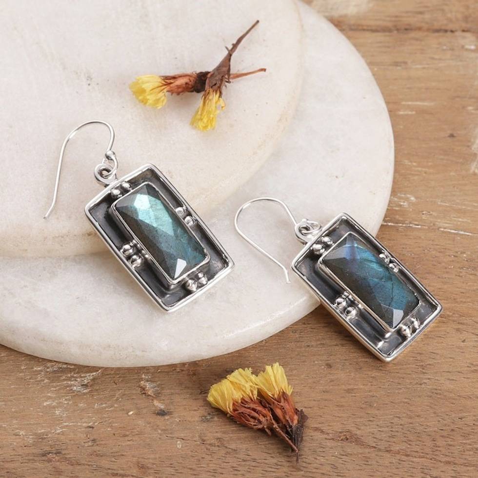 Indian-Made Natural 5-Carat Labradorite Dangle Earrings 'Luxurious Transformation'