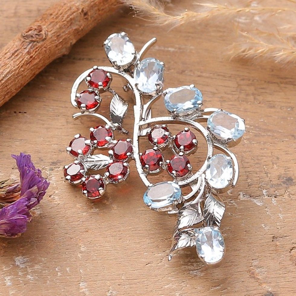 10-Carat Blue Topaz and Garnet Rhodium-Plated Brooch Pin 'Ethereal Radiance'