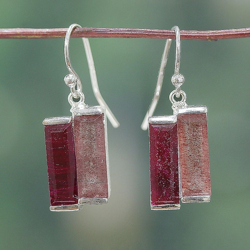 Ruby Quartz and Sterling Silver Double Bar Dangle Earrings 'Pink Alliance'