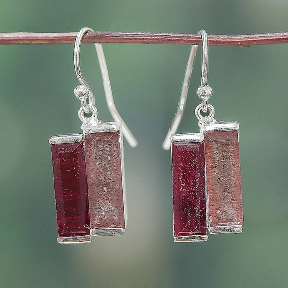 Ruby Quartz and Sterling Silver Double Bar Dangle Earrings 'Pink Alliance'