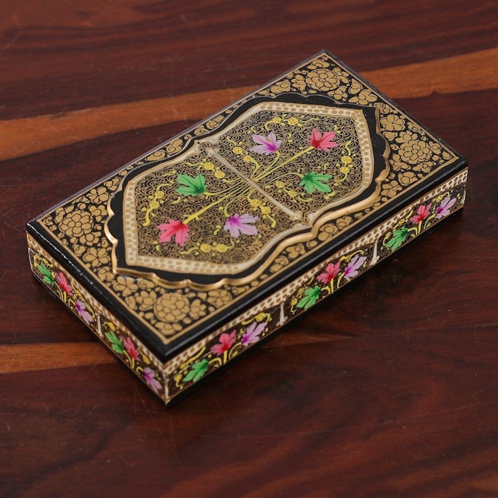 Hand Painted Papier Mache Wood Leaf Floral Decorative Box 'Black Chinar Embrace'