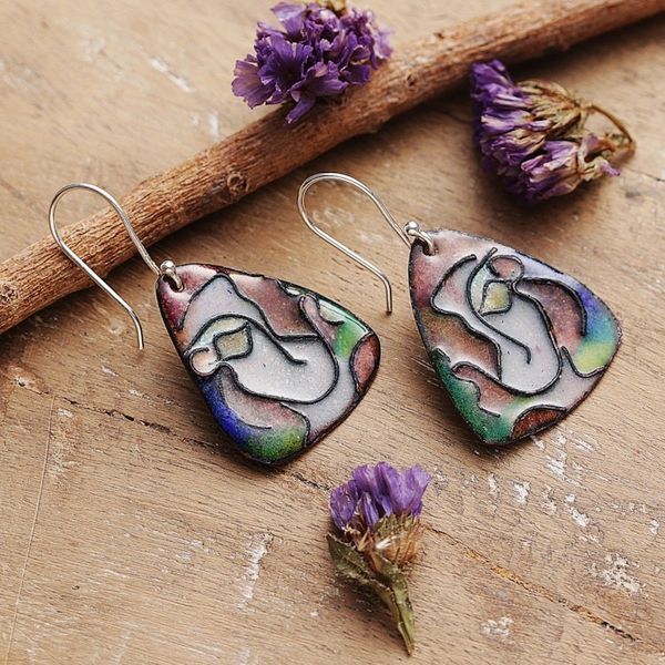 Alternate image for Modern Vitreous Enamel on Copper Earrings of Abstract Face Unforgettable Face
