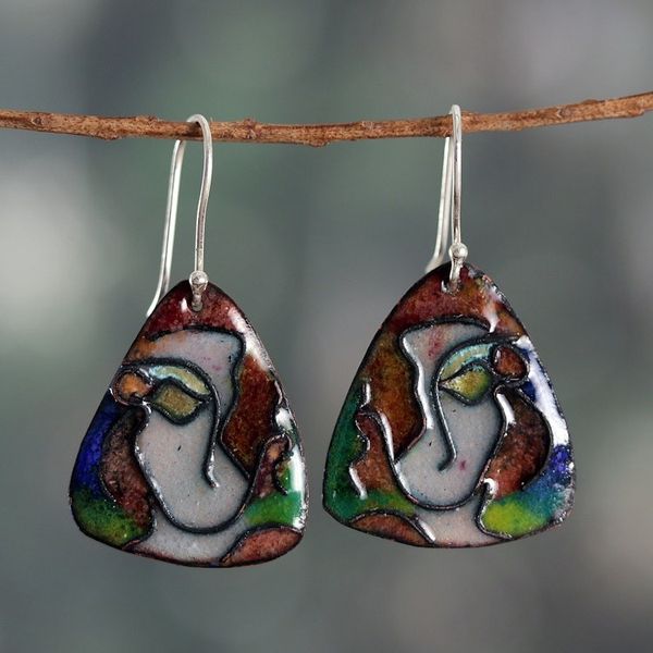 Alternate image for Modern Vitreous Enamel on Copper Earrings of Abstract Face Unforgettable Face