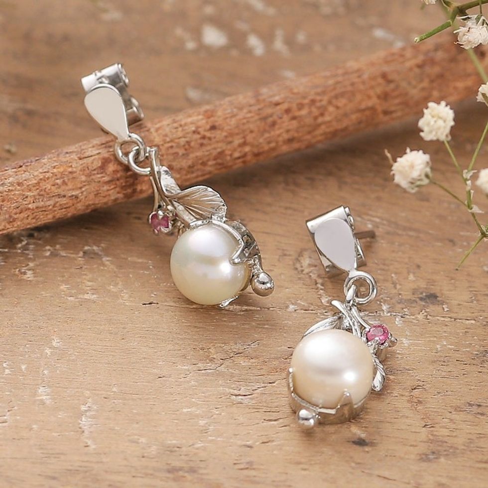Sylvan-Inspired Cream Pearl and Faceted Ruby Dangle Earrings 'Capricious Paradise'