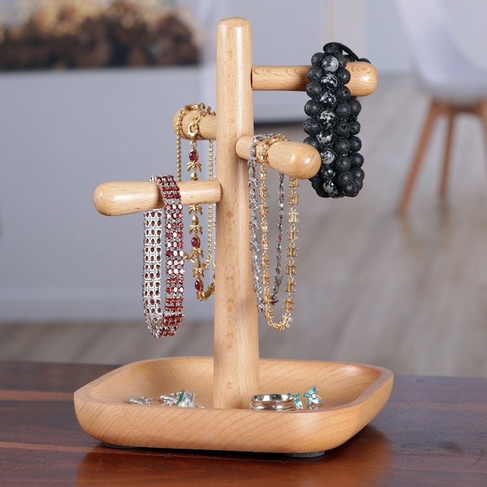 Hand-Carved Minimalist Beechwood Jewelry Stand from India 'Sylvan Finesse'