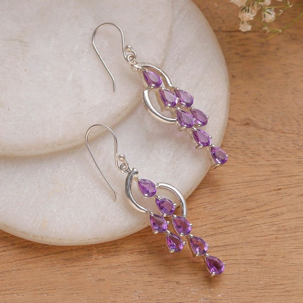 Amethyst Sterling Silver Waterfall Earrings from India 'Cascading Purple'