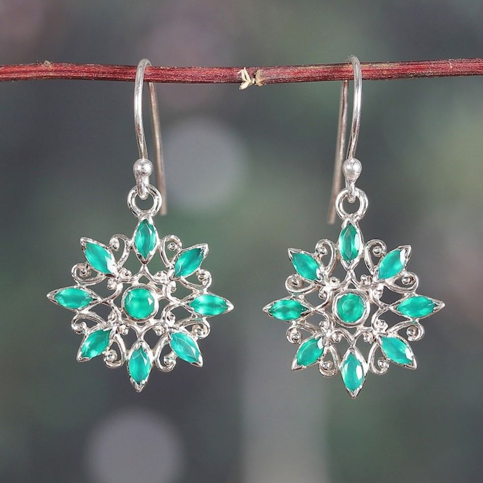 Floral High-Polished Faceted Green Onyx Dangle Earrings 'Lake Bloom'