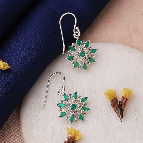 Alternate image for Floral High-Polished Faceted Green Onyx Dangle Earrings Lake Bloom