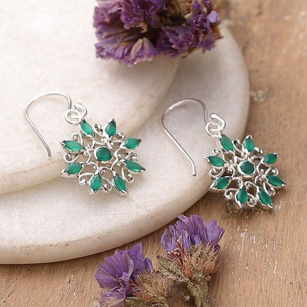 Alternate image for Floral High-Polished Faceted Green Onyx Dangle Earrings Lake Bloom