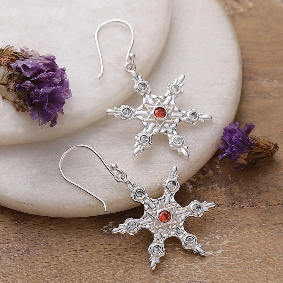 Crimson and White Cubic Zirconia Snowflake Dangle Earrings 'Snowflake Flame'
