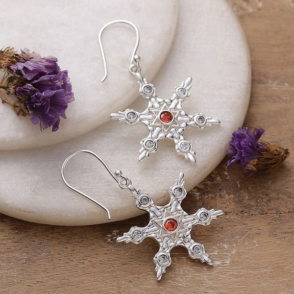 Alternate image for Crimson and White Cubic Zirconia Snowflake Dangle Earrings Snowflake Flame
