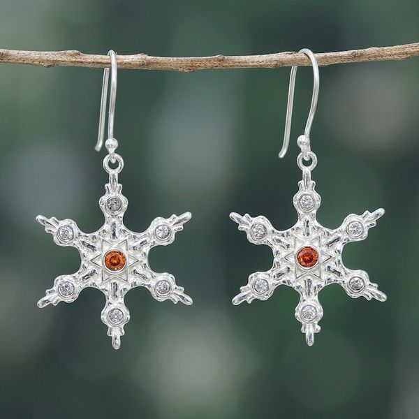 Alternate image for Crimson and White Cubic Zirconia Snowflake Dangle Earrings Snowflake Flame
