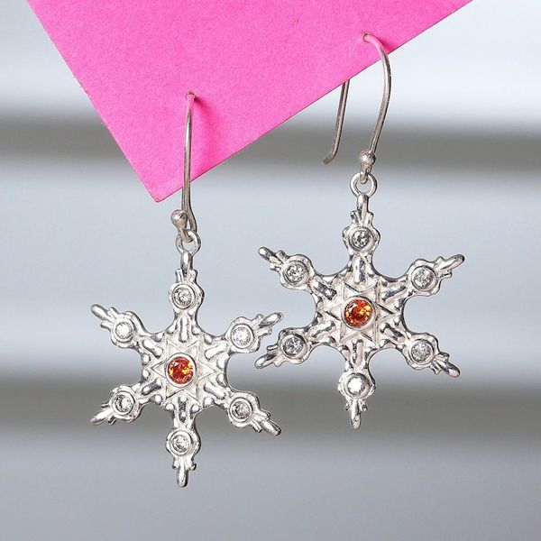 Alternate image for Crimson and White Cubic Zirconia Snowflake Dangle Earrings Snowflake Flame