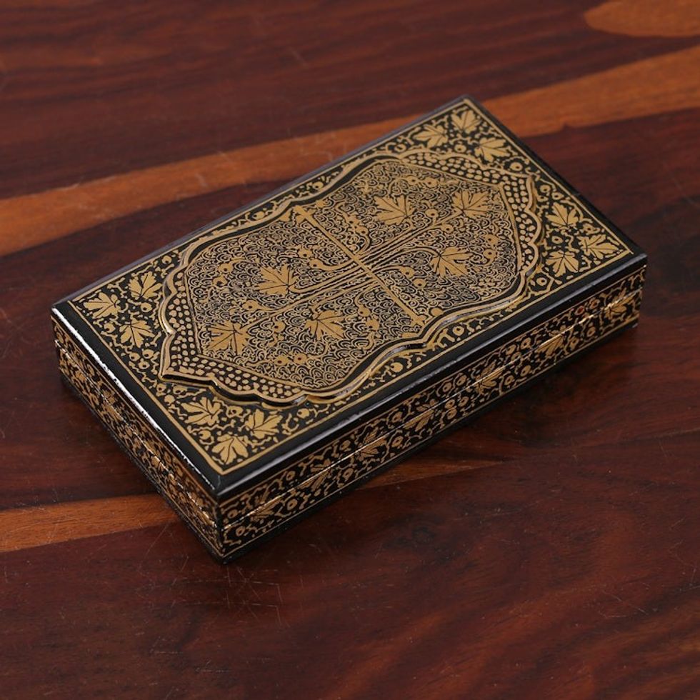 Hand-Painted Black Gold Papier Mache Wood Decorative Box 'Black Whispers of Autumn'