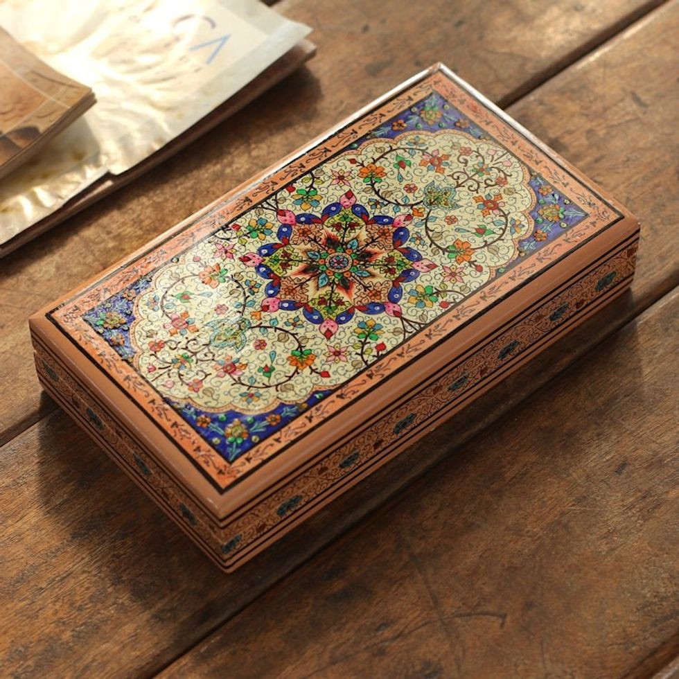Spring-Themed Blue and Brown Papier Mache Decorative Box 'Floral Influence'
