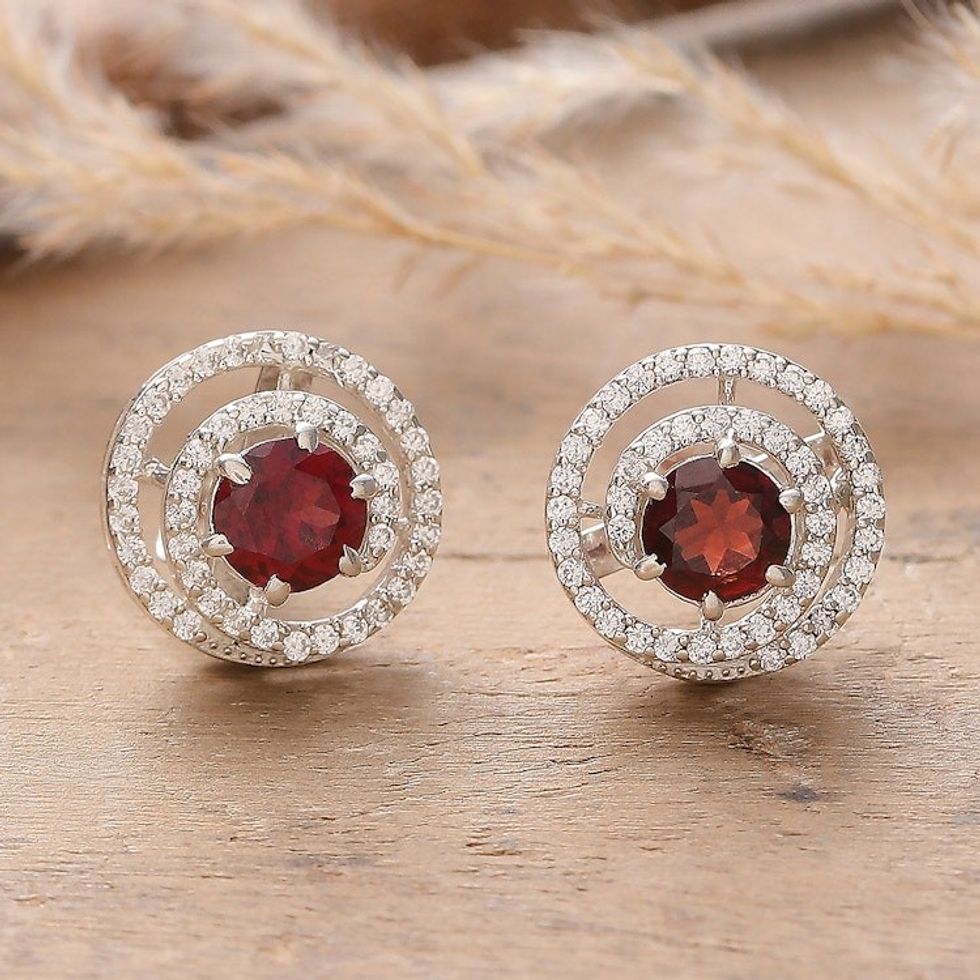 Rhodium-Plated Button Earrings with Garnet Cubic Zirconia 'Spirited Sparkle'