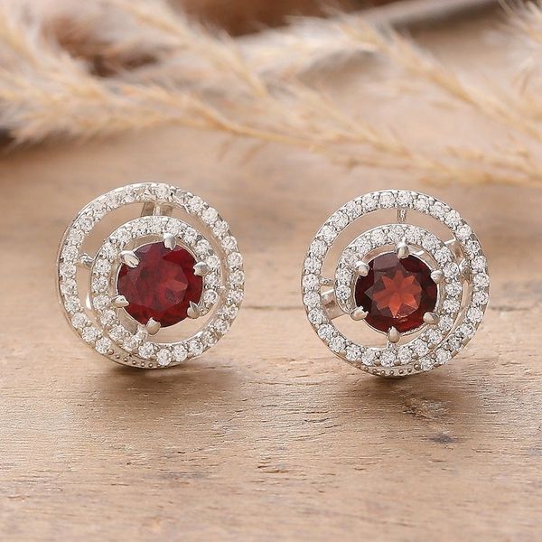 Alternate image for Rhodium-Plated Button Earrings with Garnet Cubic Zirconia Spirited Sparkle