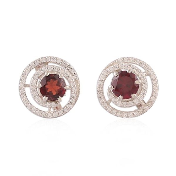 Alternate image for Rhodium-Plated Button Earrings with Garnet Cubic Zirconia Spirited Sparkle