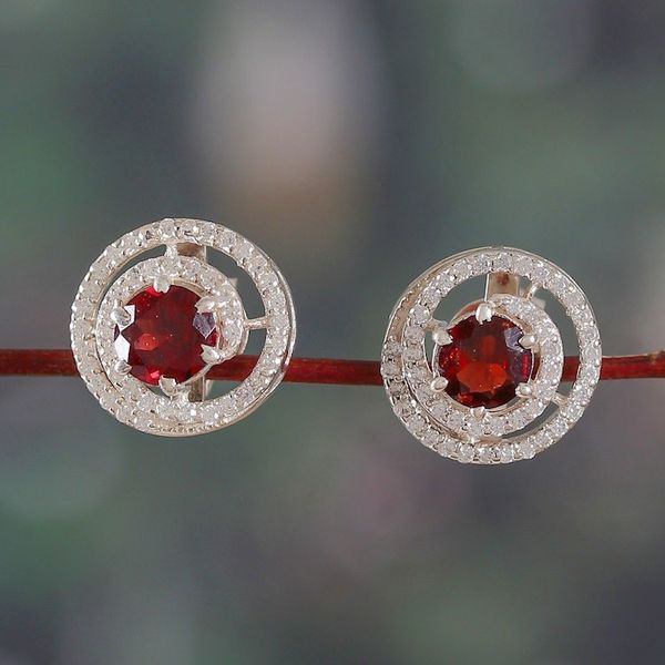 Alternate image for Rhodium-Plated Button Earrings with Garnet Cubic Zirconia Spirited Sparkle