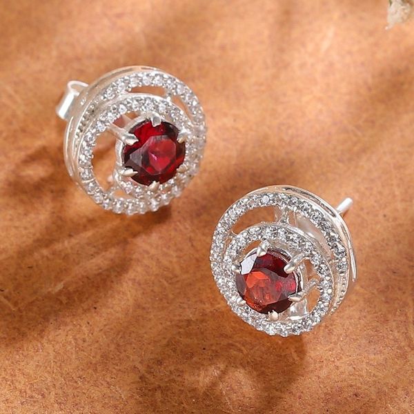Alternate image for Rhodium-Plated Button Earrings with Garnet Cubic Zirconia Spirited Sparkle