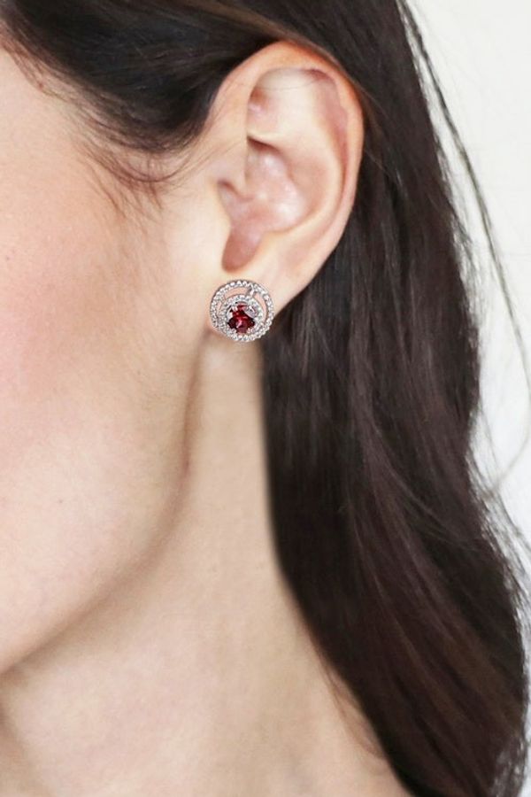 Alternate image for Rhodium-Plated Button Earrings with Garnet Cubic Zirconia Spirited Sparkle