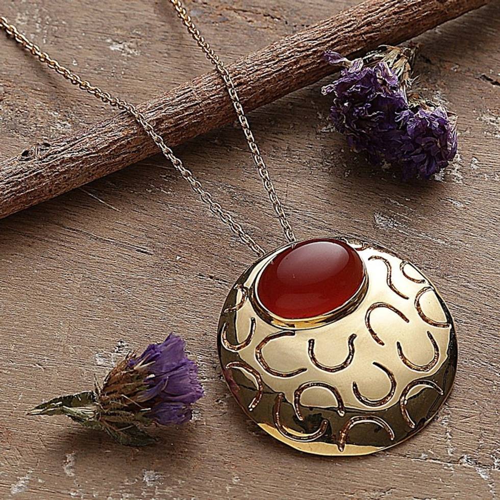 High-Polished Brass and Red Onyx Pendant Necklace 'Glowing Flame'