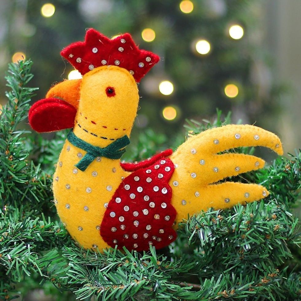 Whimsical Rooster-Themed Wool Felt Tree Topper from India 'Rooster Festivity'