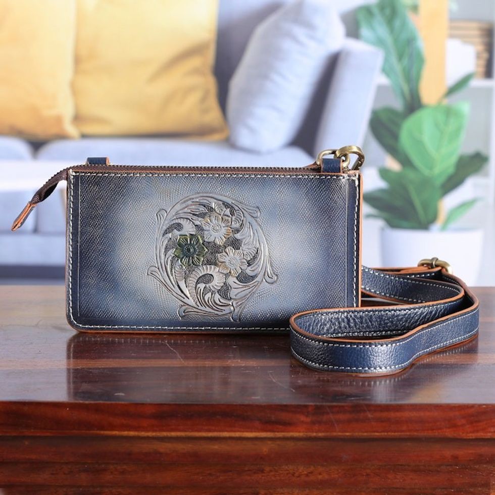 Leather Floral Sling Bag in Blue Hue with Removable Strap 'Circle of Flowers'