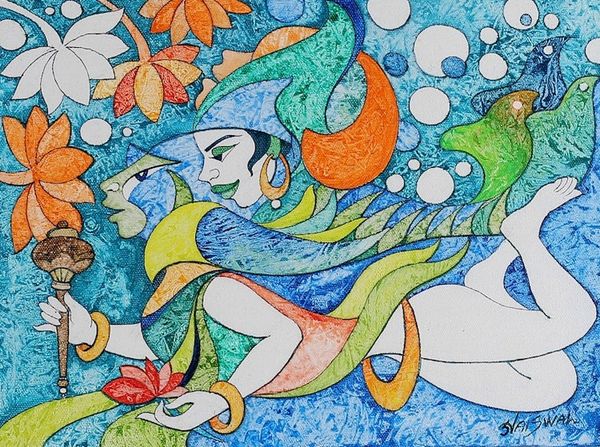 Alternate image for Unstretched Ocean Life Acrylic on Canvas Painting of Matsya Divine Matsya
