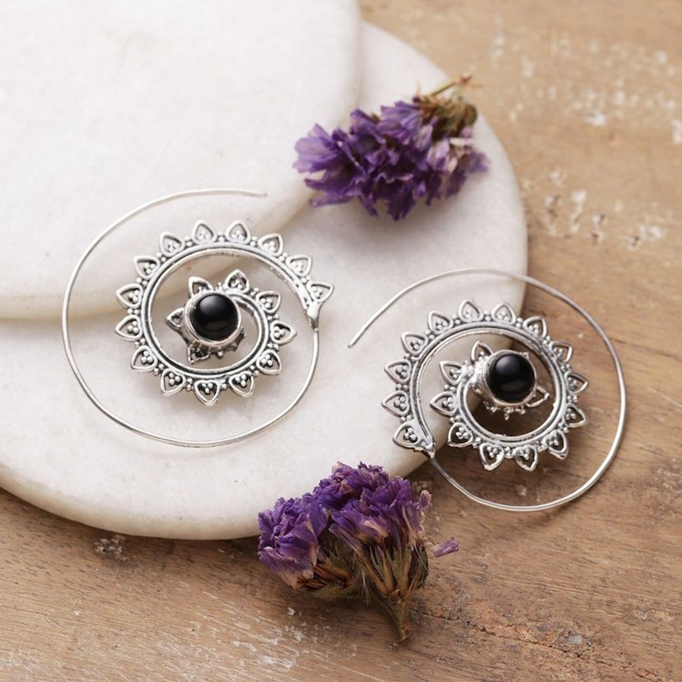 Handmade Spiral Sterling Silver and Onyx Half-Hoop Earrings 'Arcane Spirals'